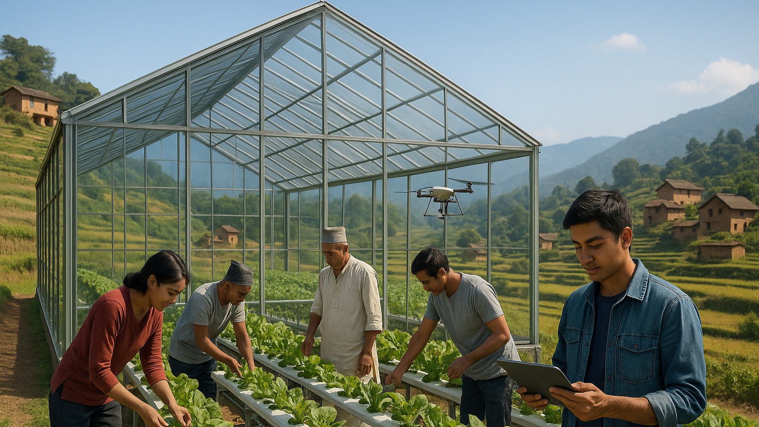 Representative AI-generated image of a group of people, including a young man using a tablet, tending to plants in a modern greenhouse with a drone hovering overhead, set against a backdrop of terraced fields and traditional houses.