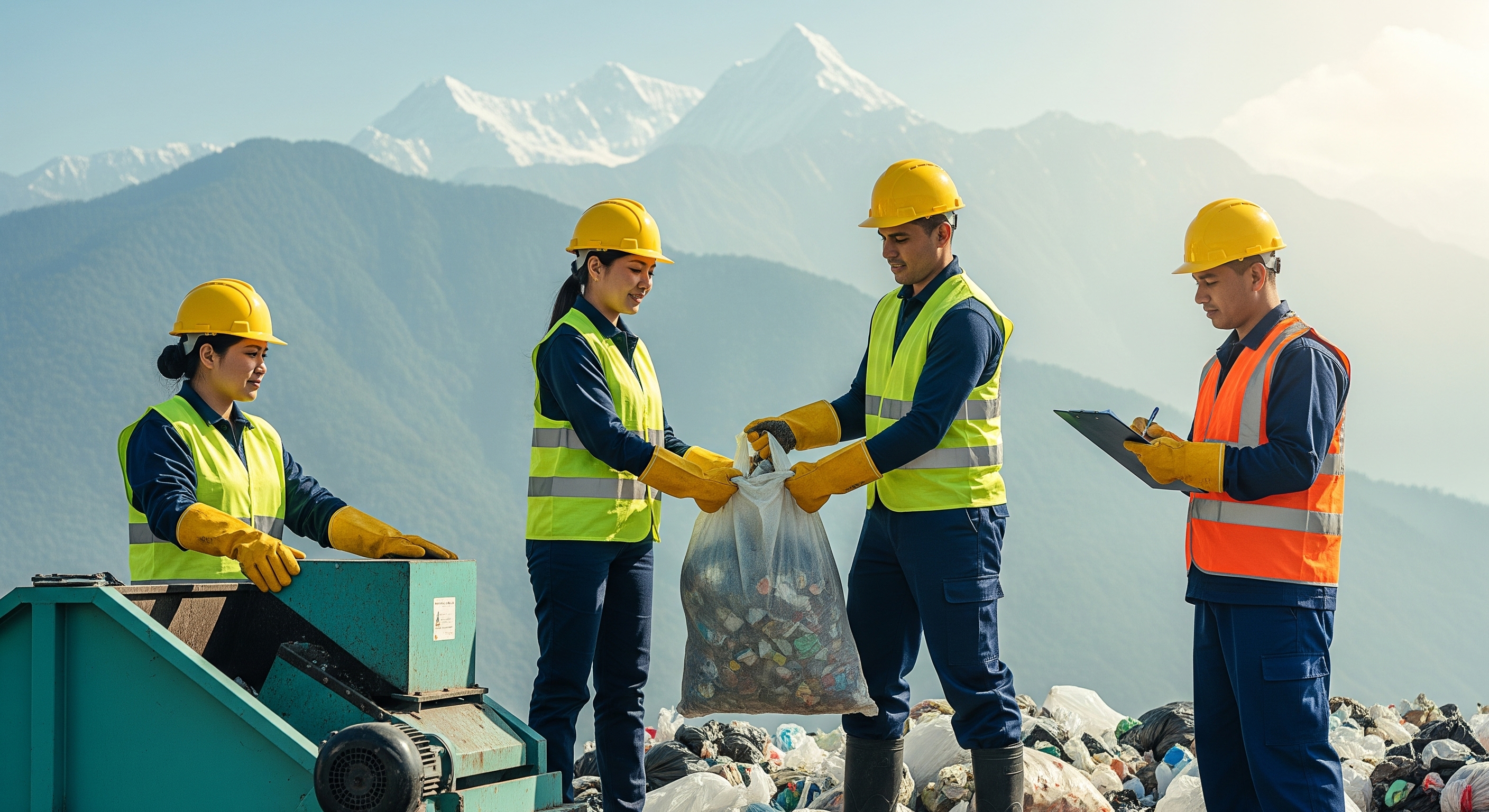 Representative AI-generated image which shows a diverse group of four waste management workers in full personal protective equipment, sorting waste in front of a backdrop of the Himalayan mountains.