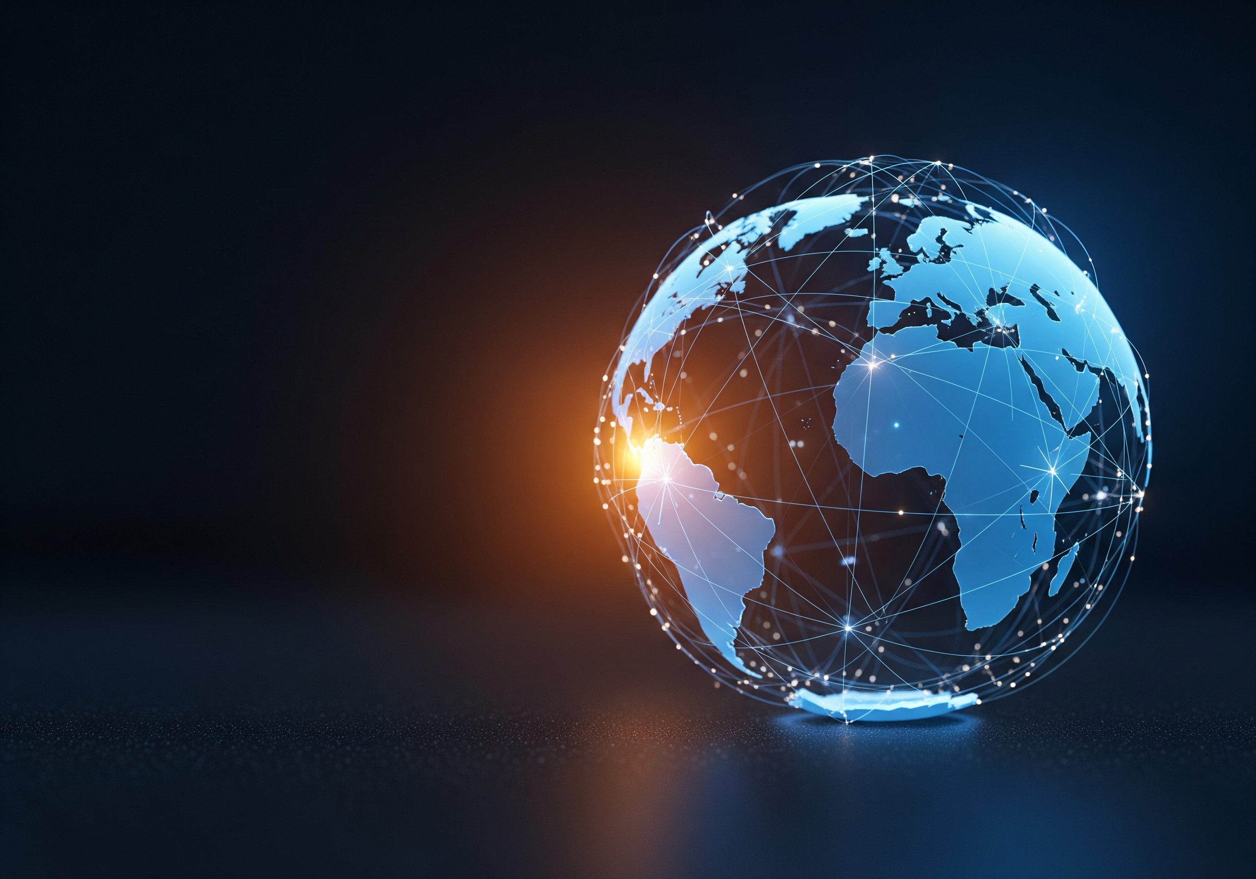 An AI generated image of the Earth, with connecting lines and dots across it with symbolizing interconnectedness.
