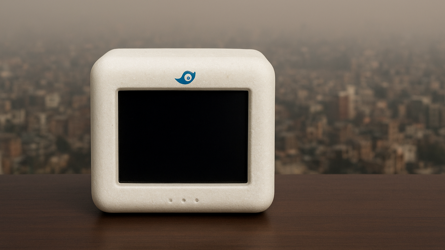 Representative AI-generated image of a square, speckled, off-white air pollution sensor with a blue eye logo sits on a wooden surface, with a blurry, smoggy cityscape in the background.