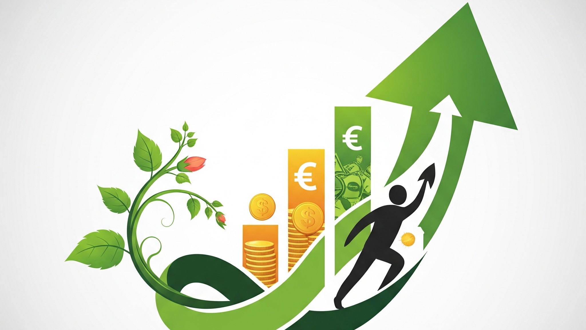 An AI generated illustration development economics through a visual metaphor of growth. A person runs up a large green arrow, symbolizing progress and advancement.