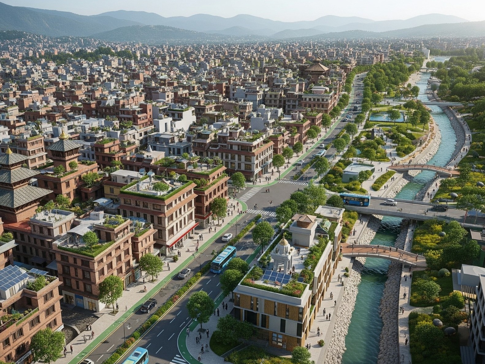 showing an aerial view of a well-planned city, with a wide, tree-lined boulevard running parallel to a clean, landscaped river.