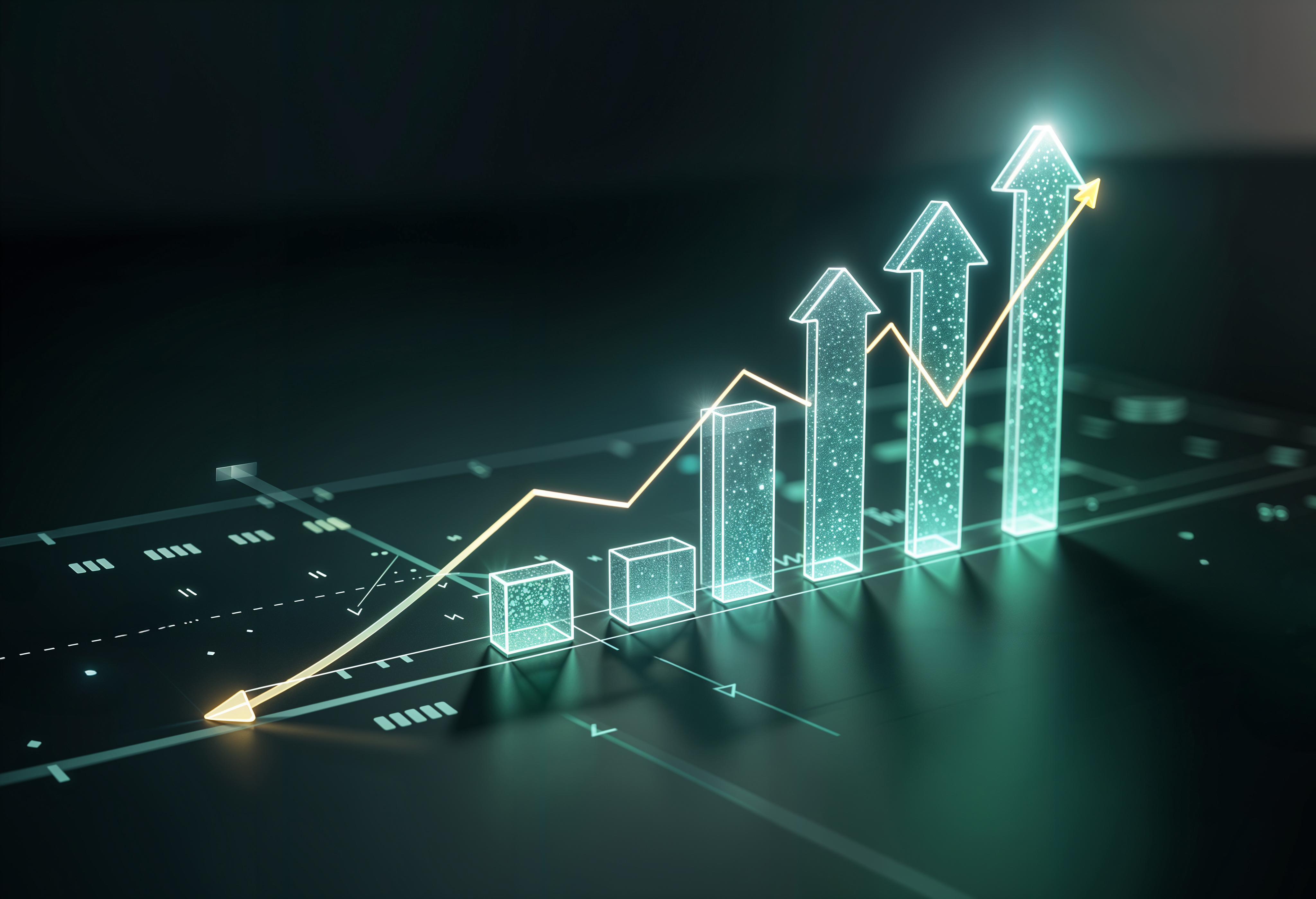 A glowing bar chart with an upward-trending line on a dark background.