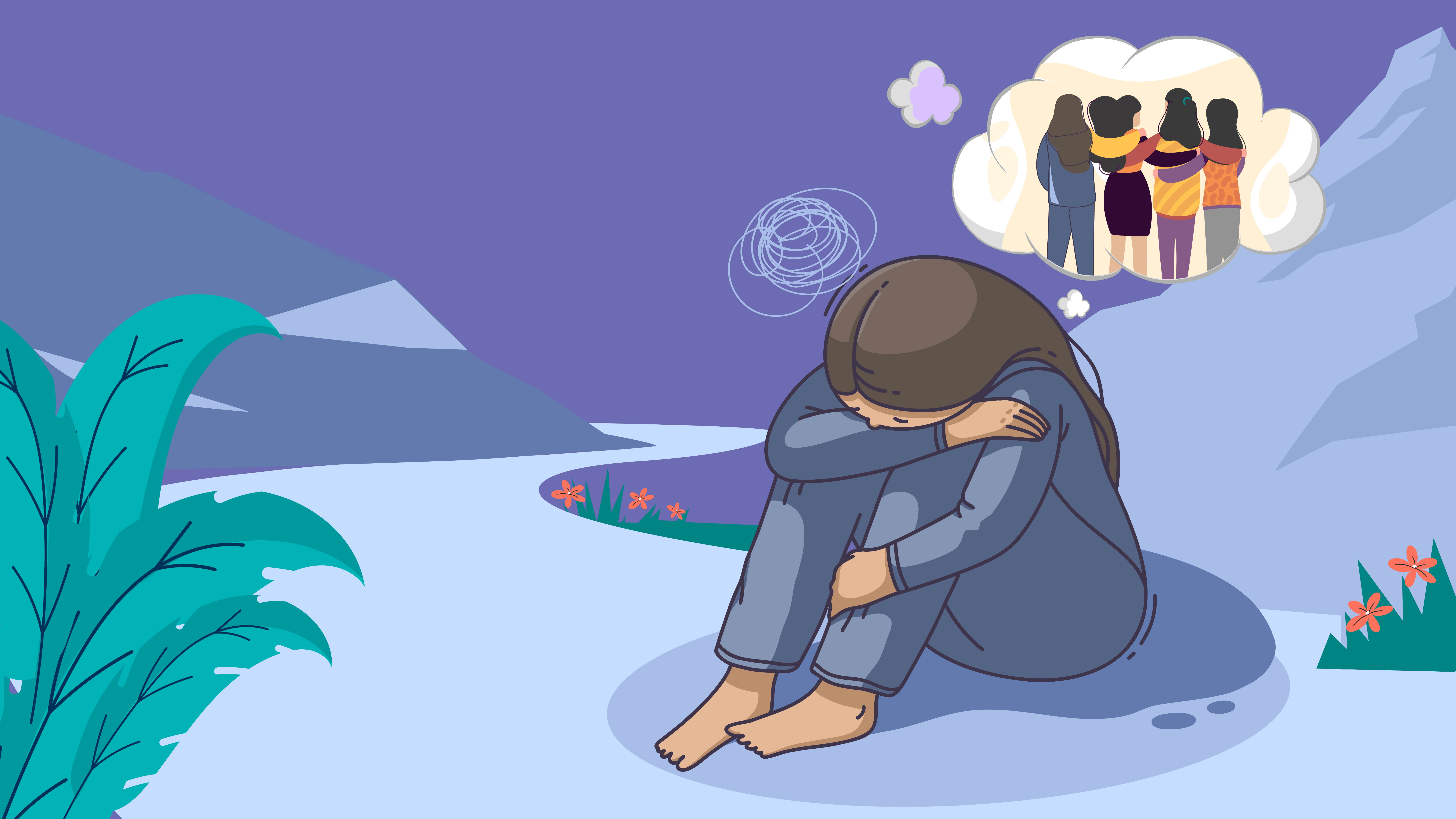Illustration of a sad person sitting alone with their head in their knees, while a thought bubble above them shows a group of happy people.