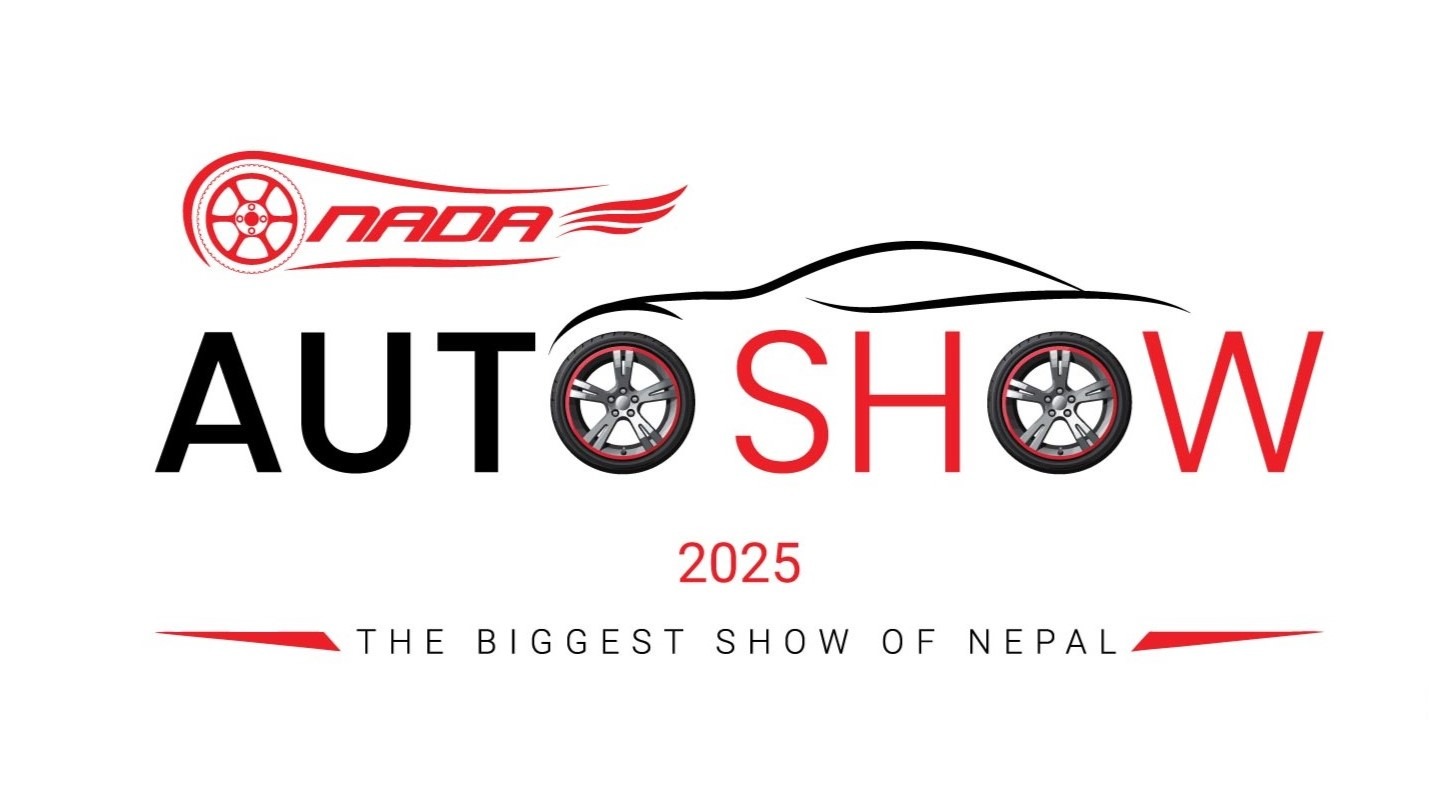 A horizontal banner for the NADA AUTO SHOW 2025 featuring the event name with car wheels as the letter 'O's and the tagline "THE BIGGEST SHOW OF NEPAL."