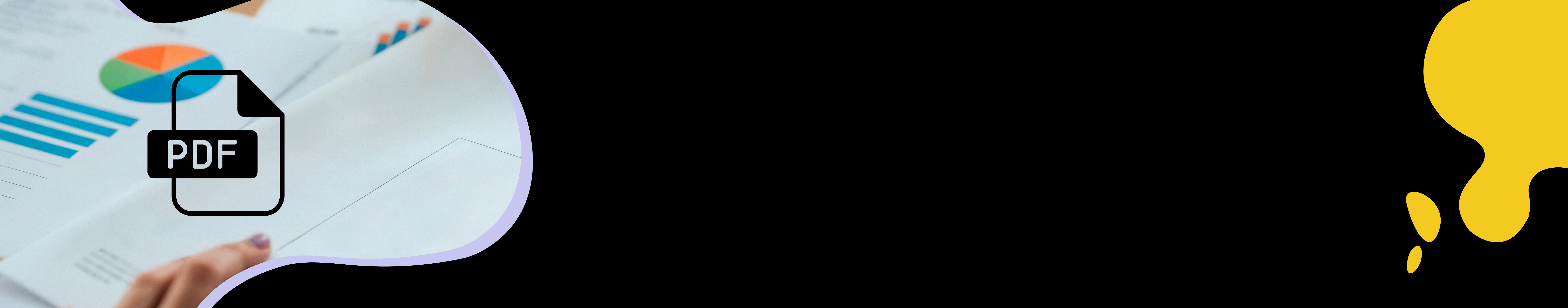 PDF icon over a document with charts, with abstract colorful shapes on a black background.