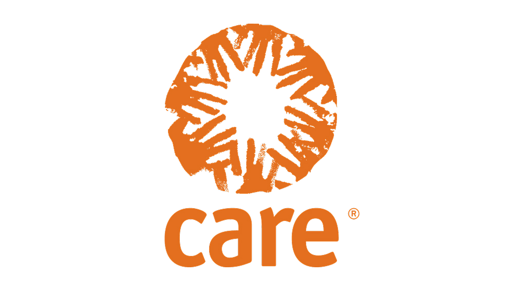 The logo of CARE International featureing an orange sun-like symbol above the word "care," with the word "NEPAL" in orange capital letters below.