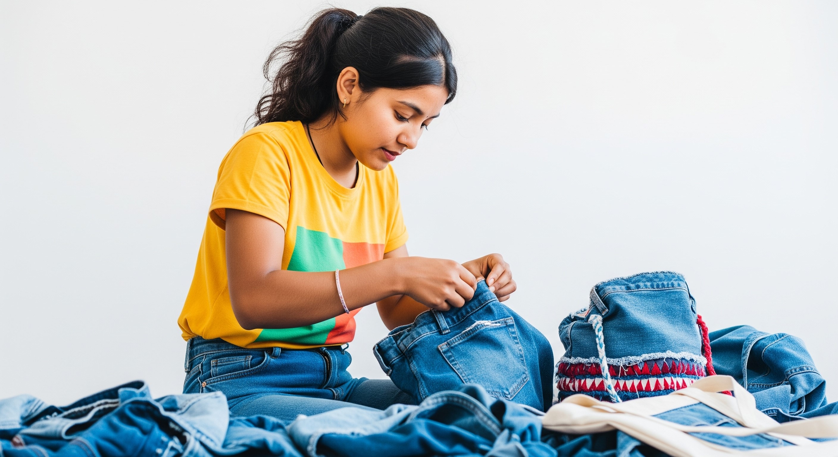 Representational AI-generated image of a young woman with dark hair tied back in a ponytail, wearing a yellow and green striped t-shirt and blue jeans, sitting on the floor sorting through a pile of denim clothing items, with a partially filled denim bag beside her.
