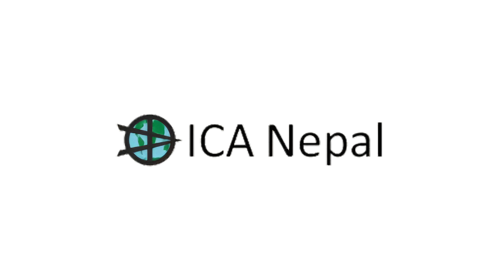 Logo of ICA Nepal which shows a stylized globe with a grid inside a circle, with the text "ICA Nepal" to its right.