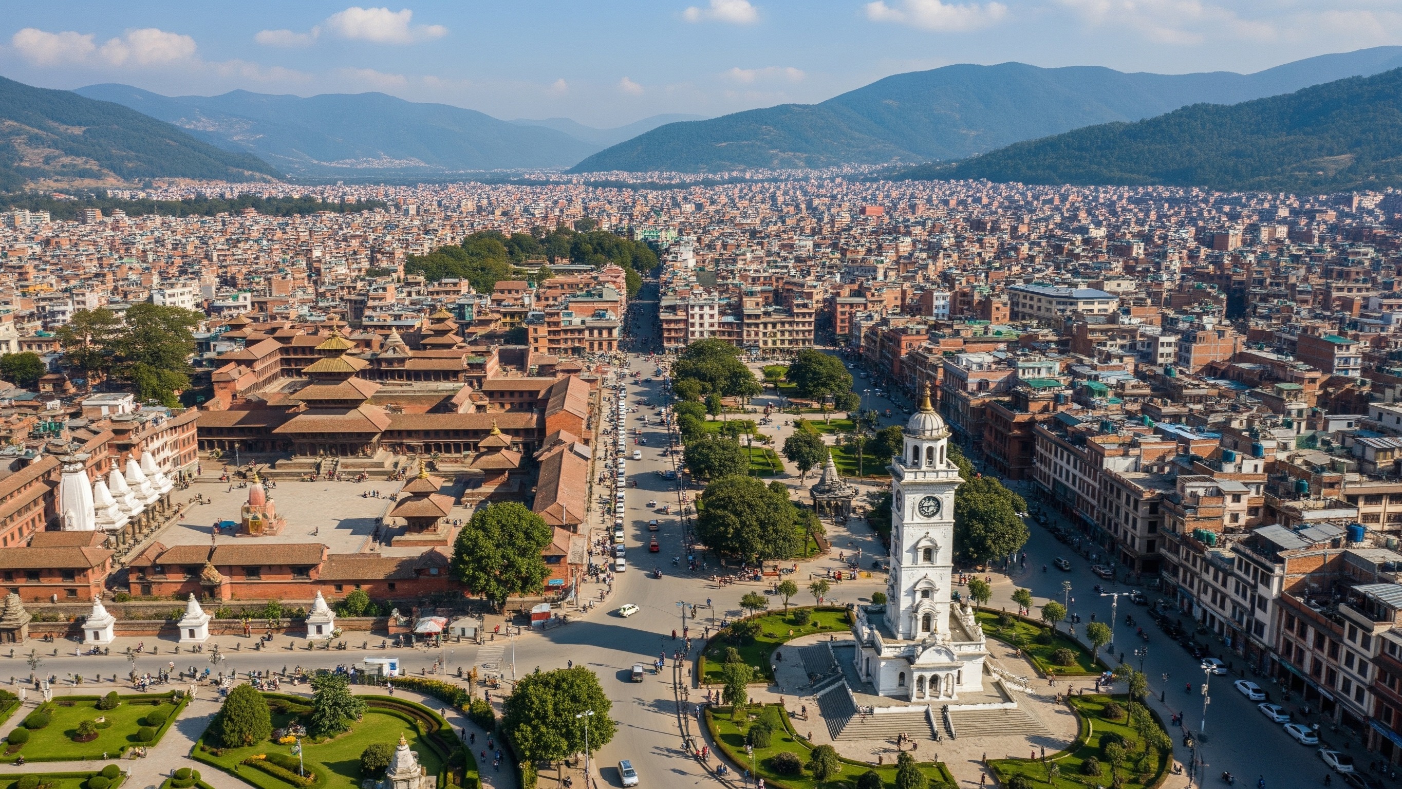 Representative AI-generated image that shows an aerial view of a well-organized, planned city with the Basantapur Durbar Square, surrounded by a modern city with gridded streets and green space