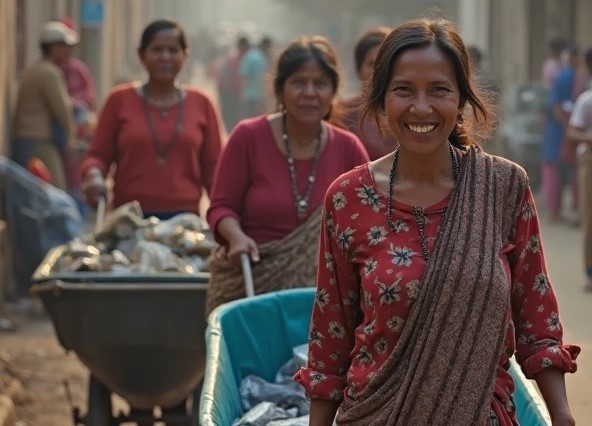 AI-generated image showing three smiling women in sarees and blouses pushing hand carts loaded with plastic and organic waste in an urban neighborhood, with houses and other residents visible in the background.