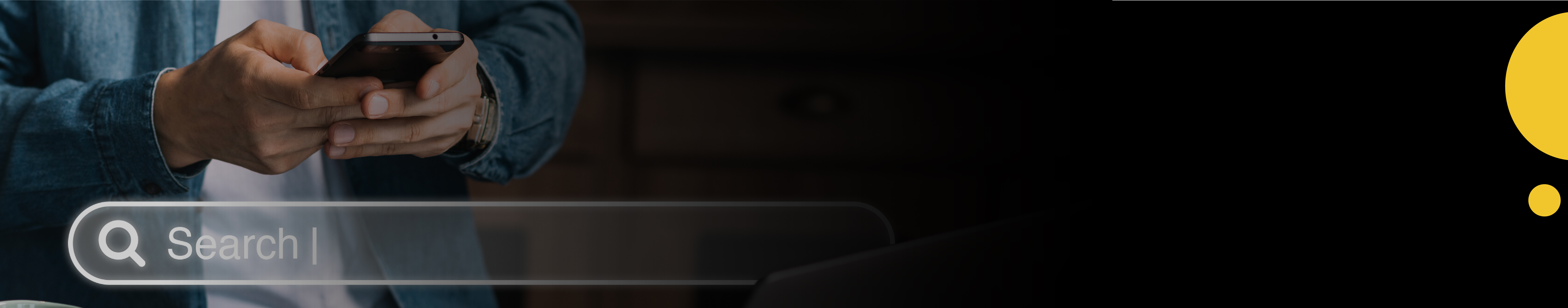 Person using smartphone with search bar interface overlay