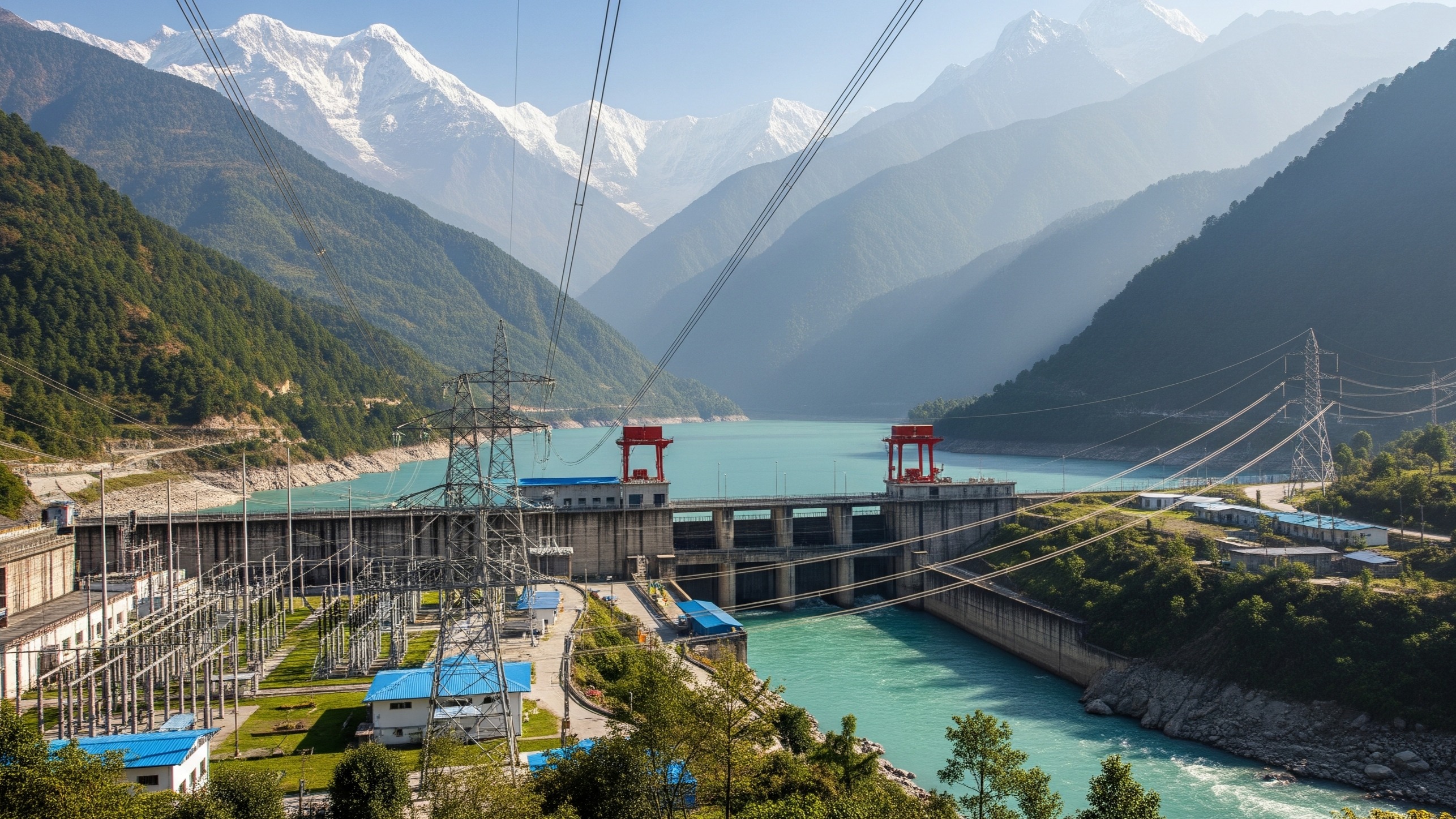 Representational AI-generated image of a hydropower dam and power station in a Nepali valley, with a turquoise reservoir, power lines, and snow-capped mountains in the background.