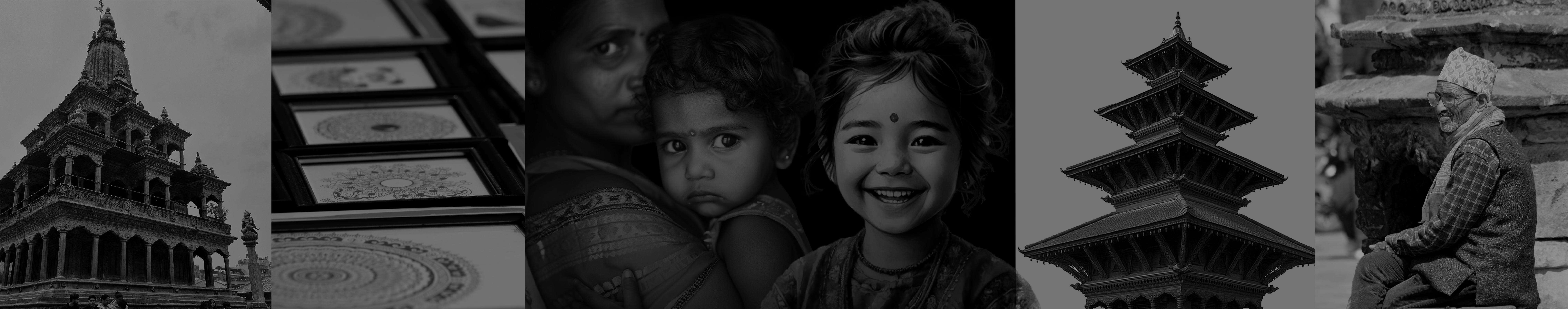 Black-and-white collage featuring heritage architecture, traditional artwork, and portraits of people from different age groups in South Asia.