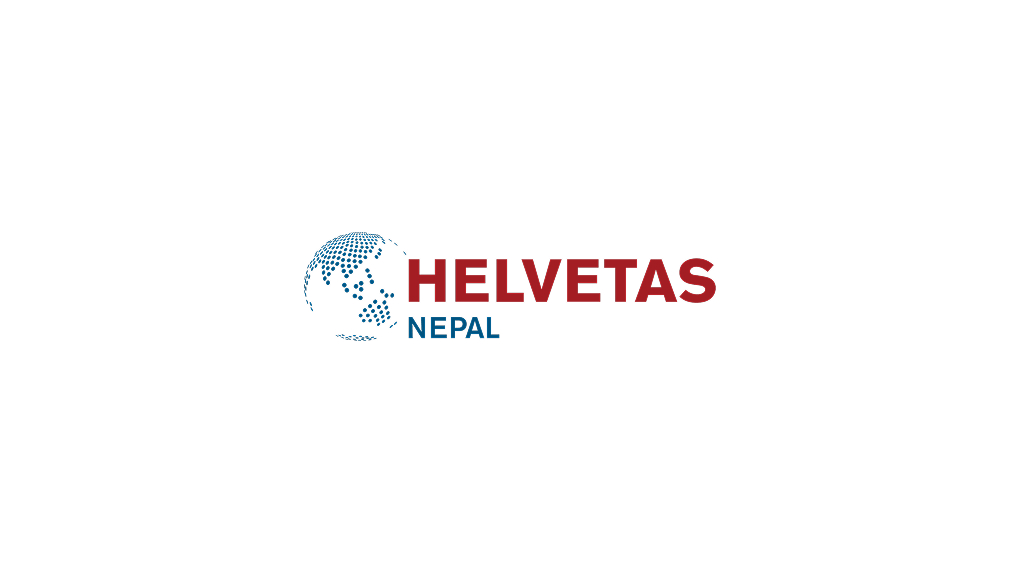 A logo for Helvetas Nepal featuring a blue, dotted globe with "HELVETAS" in red and "NEPAL" in blue text next to it.