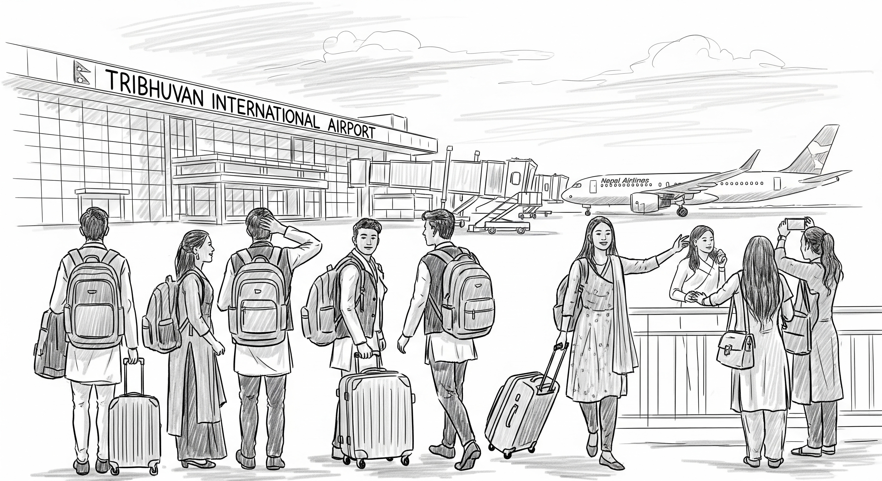 Representative AI-generated image of a rough black-and-white sketch of Nepali students leaving Tribhuvan International Airport with group of students with backpacks and luggage is shown walking away from the terminal building toward a parked airplane.