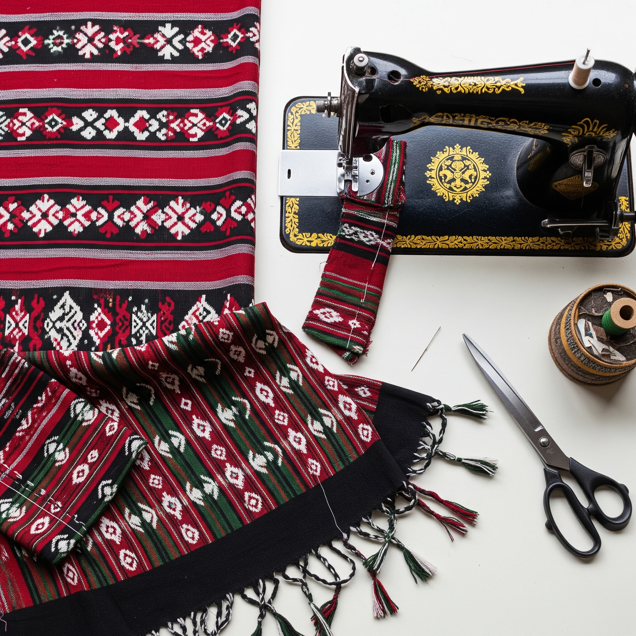 Representational AI-generated image of a top-down view of traditional Nepali Dhaka cloth with red, black, white, and green patterns, alongside a sewing machine, scissors, thread, and a needle, suggesting textile recycling.