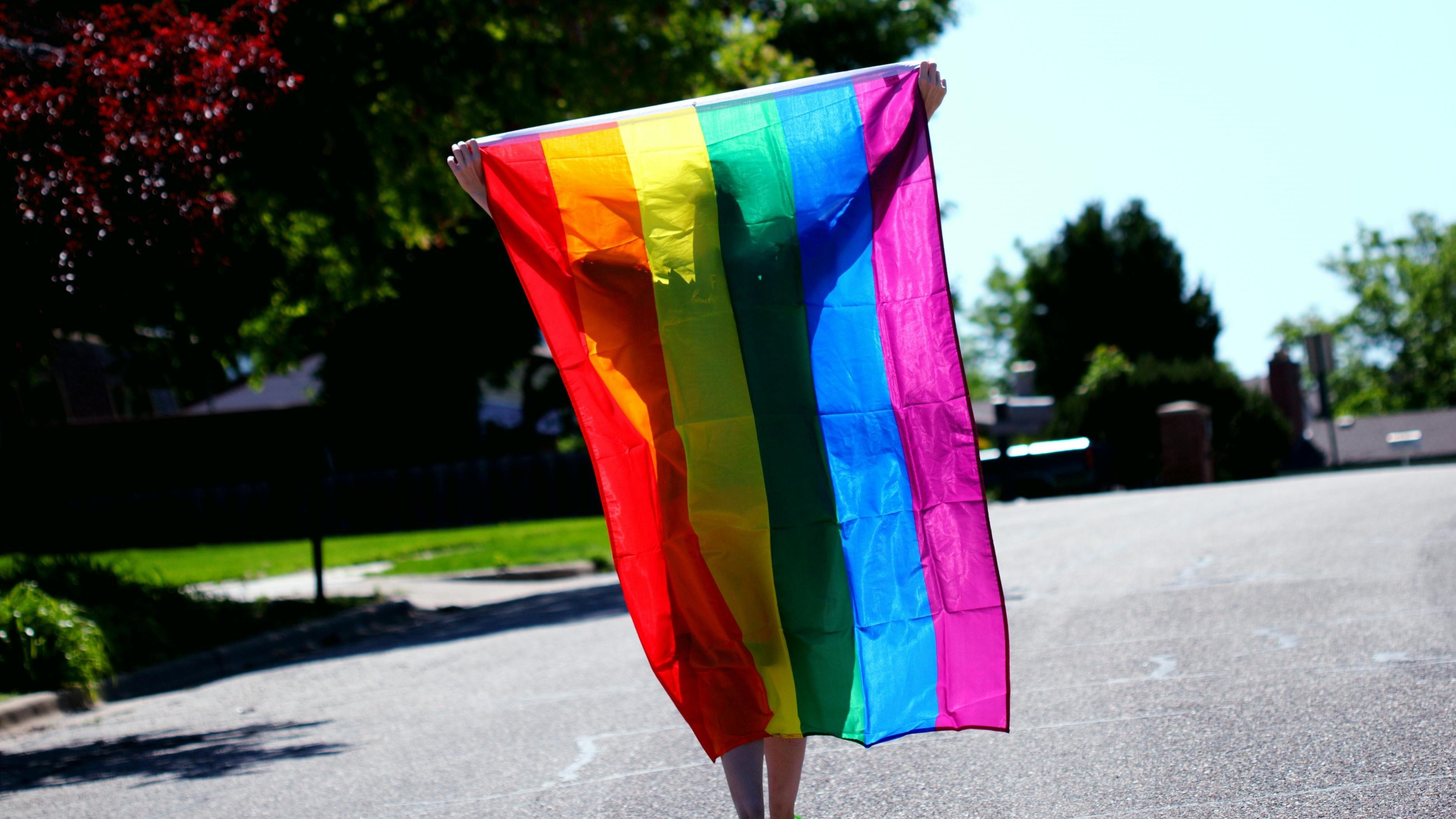 A person stands in a sunny, tree-lined street, holding a large, colorful rainbow pride flag high in the air. The flag is billowing slightly in the breeze.