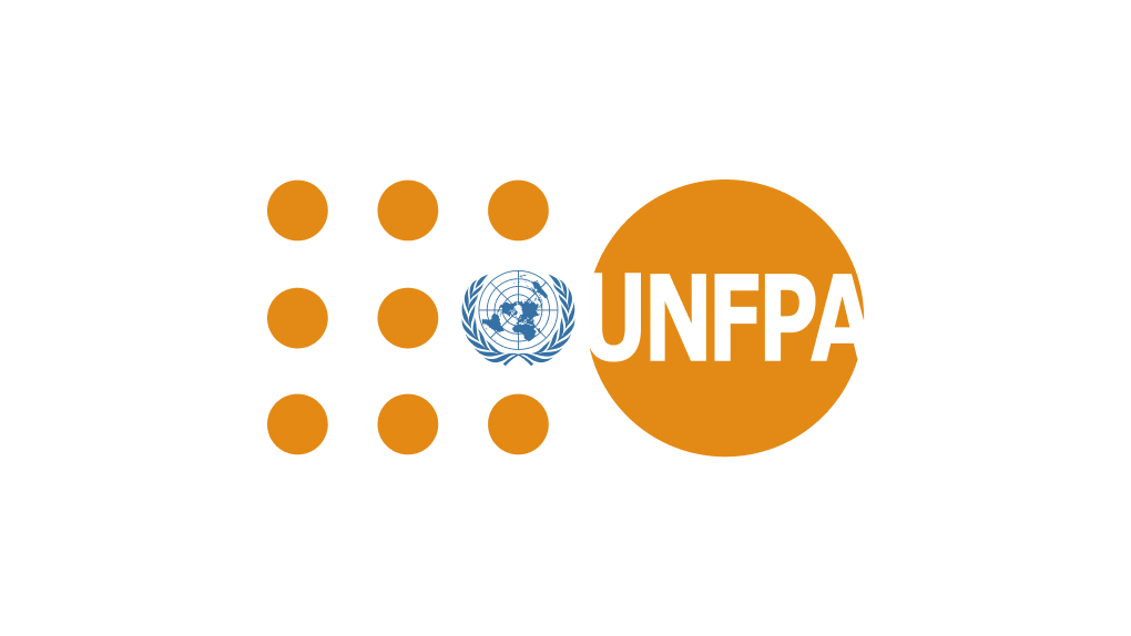 A logo with an orange-brown grid of nine dots on the left, the blue UN emblem in the middle, and the white text "UNFPA" inside a large orange-brown circle on the right.