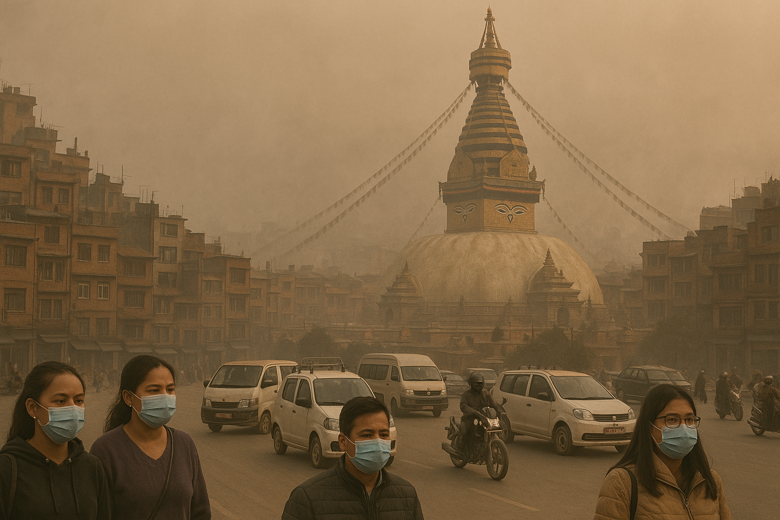 People wearing masks walk along a smog-covered street in Kathmandu with vehicles in the foreground and traditional temples barely visible through the haze.