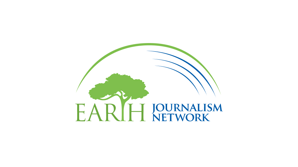 Logo for the Earth Journalism Network (EJN), showing a tree replacing the letter "T" in "EARTH," with a green arch above it and blue lines to the right of the tree.